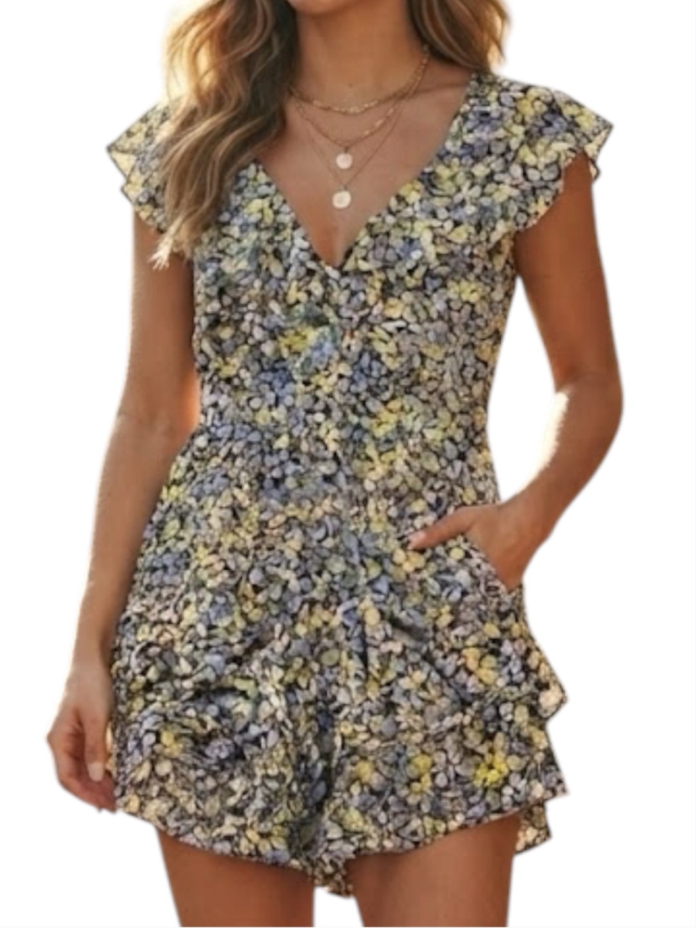 DYNAMITE Floral Print Flutter Detail Short Romper/Jumpsuit Yellow/Purple Small
